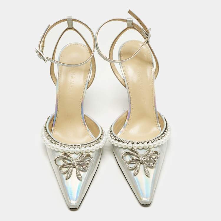 Pre Owned Mach & Mach Size 36 Iridescent Leather Bow Of Elizabeth Imitation Pearl Ankle Strap Pumps