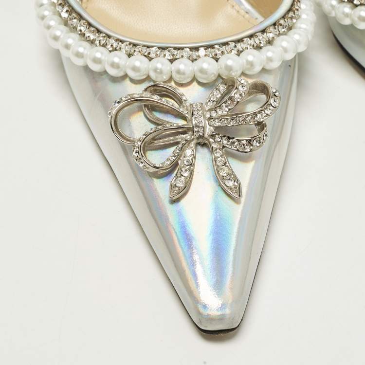 Pre Owned Mach & Mach Size 36 Iridescent Leather Bow Of Elizabeth Imitation Pearl Ankle Strap Pumps