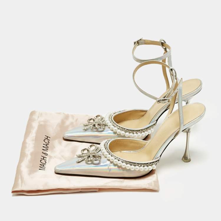 Pre Owned Mach & Mach Size 36 Iridescent Leather Bow Of Elizabeth Imitation Pearl Ankle Strap Pumps