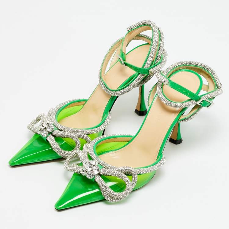 مملوكة مسبقًا Mach & Mach Double Bow Size 36 Green Patent Leather and PVC Crystal Embellished Pumps