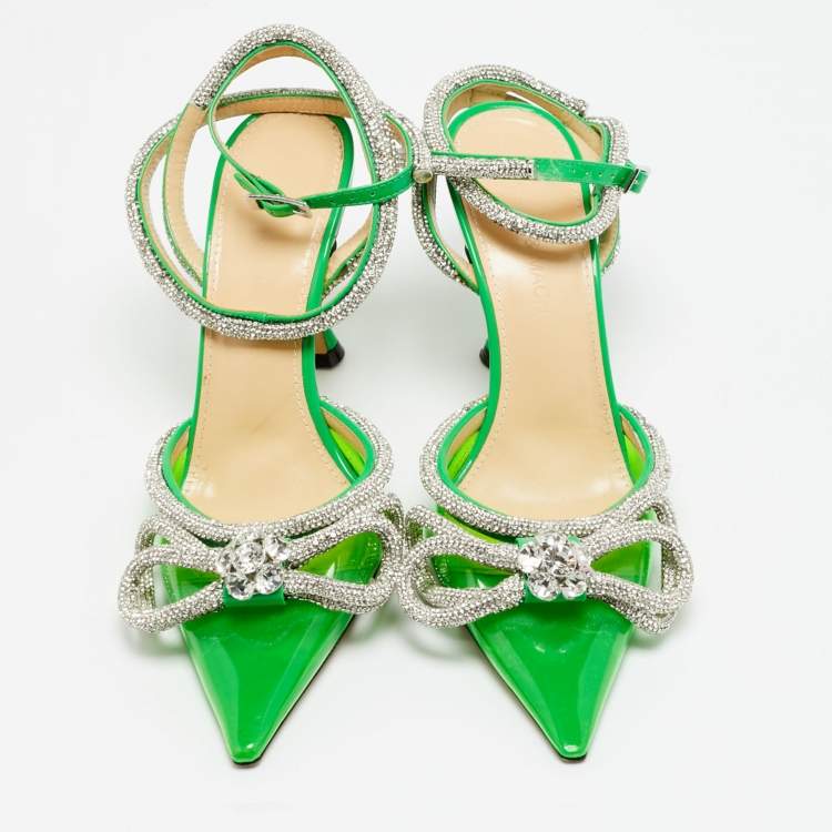مملوكة مسبقًا Mach & Mach Double Bow Size 36 Green Patent Leather and PVC Crystal Embellished Pumps