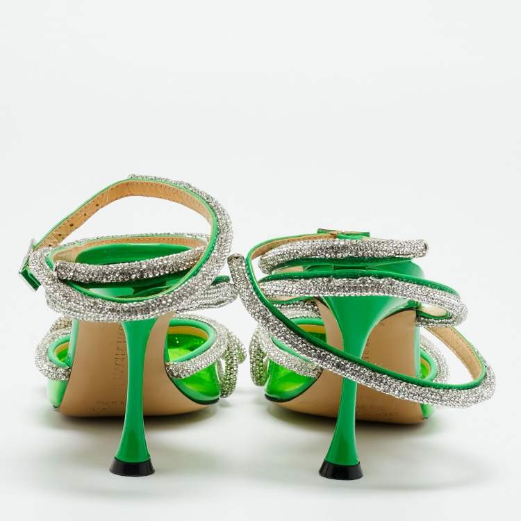 مملوكة مسبقًا Mach & Mach Double Bow Size 36 Green Patent Leather and PVC Crystal Embellished Pumps