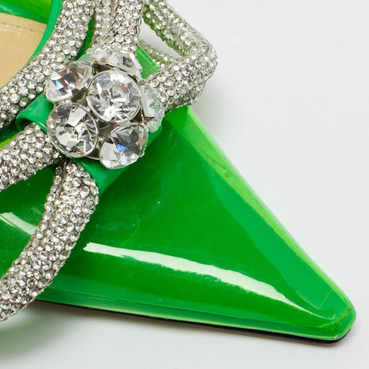 مملوكة مسبقًا Mach & Mach Double Bow Size 36 Green Patent Leather and PVC Crystal Embellished Pumps