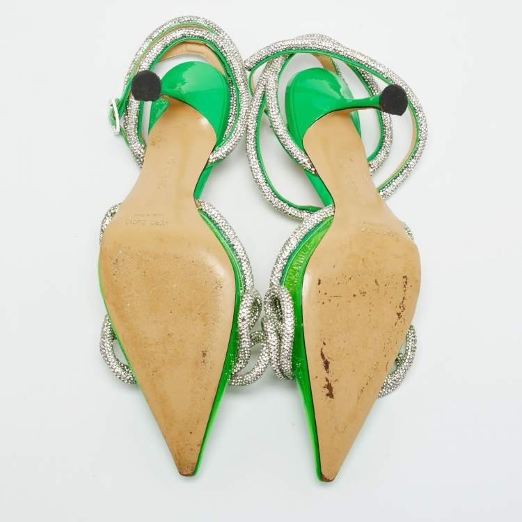 مملوكة مسبقًا Mach & Mach Double Bow Size 36 Green Patent Leather and PVC Crystal Embellished Pumps
