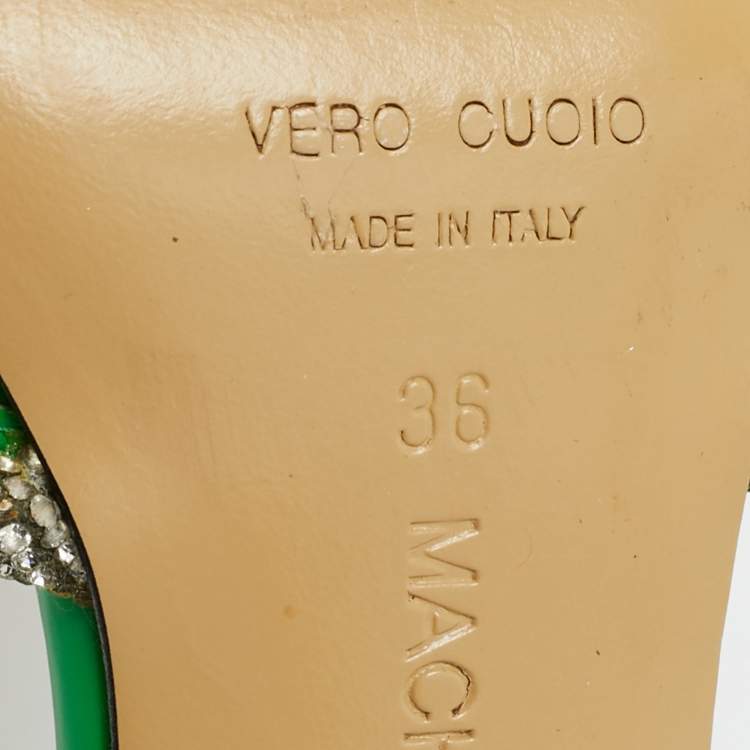 مملوكة مسبقًا Mach & Mach Double Bow Size 36 Green Patent Leather and PVC Crystal Embellished Pumps