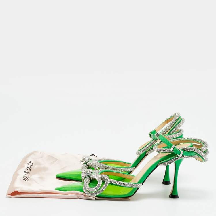 مملوكة مسبقًا Mach & Mach Double Bow Size 36 Green Patent Leather and PVC Crystal Embellished Pumps