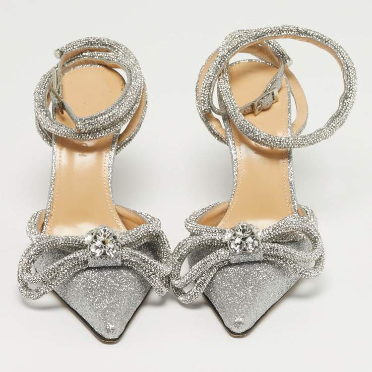 Pre Owned Mach & Mach Double Bow Size 35.5 Silver Glitter Ankle Strap Pumps