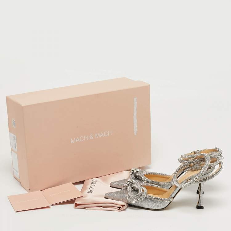 Pre Owned Mach & Mach Double Bow Size 35.5 Silver Glitter Ankle Strap Pumps