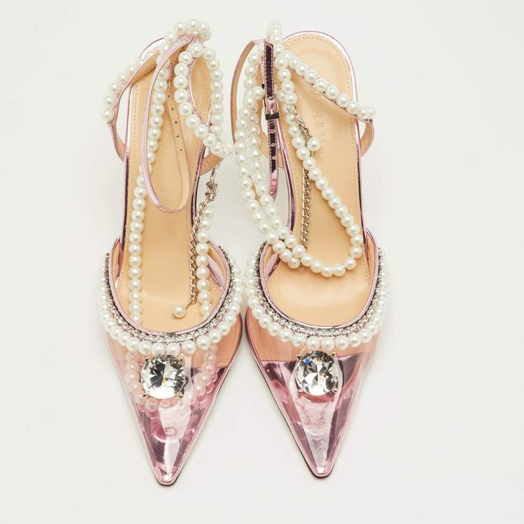 Pre Owned Mach & Mach Diamond of Elizabeth Imitation Pearl Size 38 Pink Patent Leather and PVC Pumps