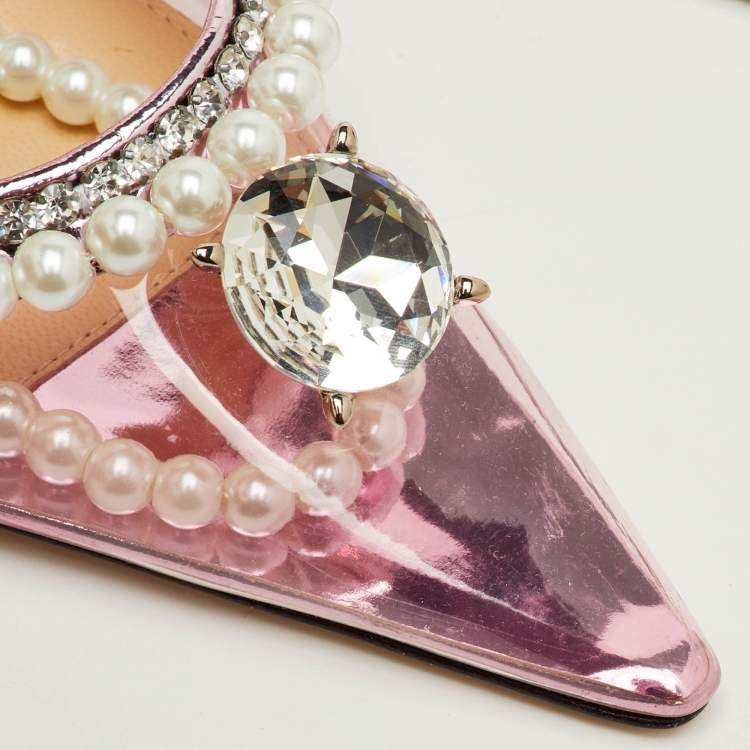 Pre Owned Mach & Mach Diamond of Elizabeth Imitation Pearl Size 38 Pink Patent Leather and PVC Pumps