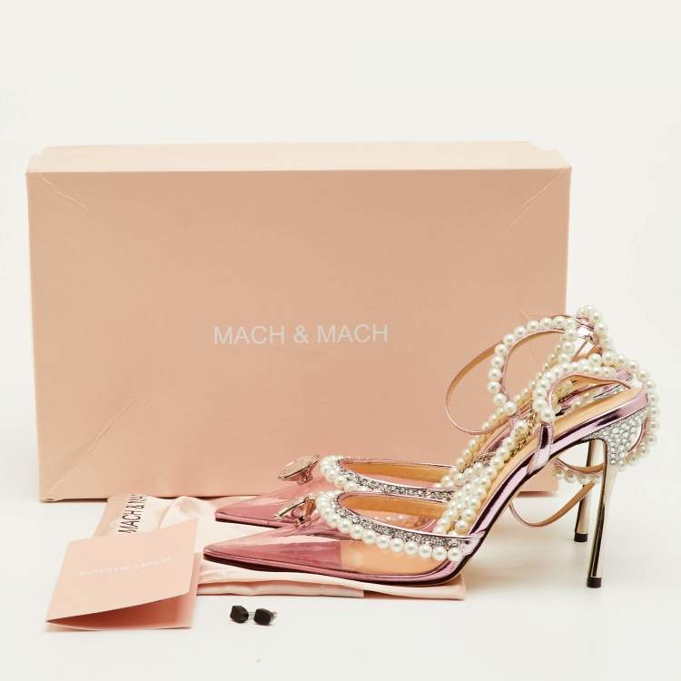 Pre Owned Mach & Mach Diamond of Elizabeth Imitation Pearl Size 38 Pink Patent Leather and PVC Pumps