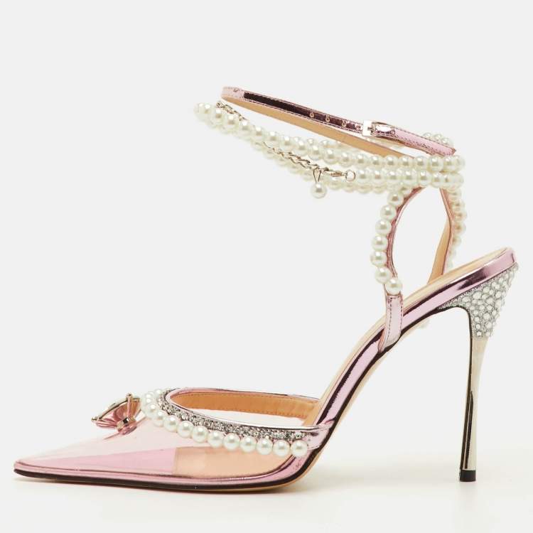 Pre Owned Mach & Mach Diamond of Elizabeth Imitation Pearl Size 38 Pink Patent Leather and PVC Pumps