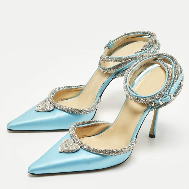 Pre Owned Mach & Mach Size 39 Blue Satin Crystal Heart Pumps