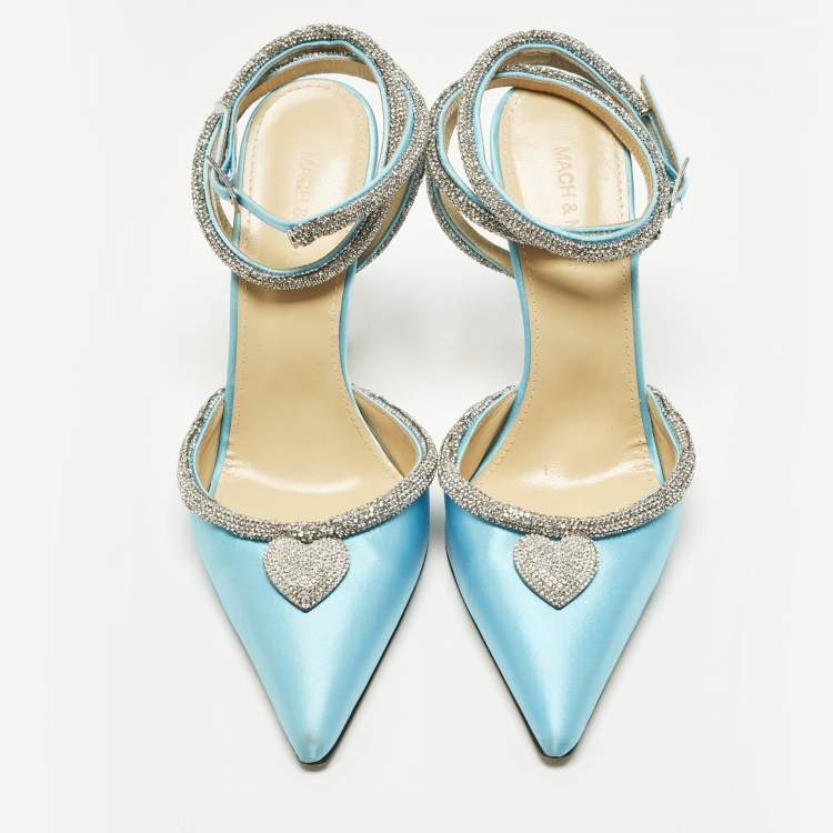 Pre Owned Mach & Mach Size 39 Blue Satin Crystal Heart Pumps
