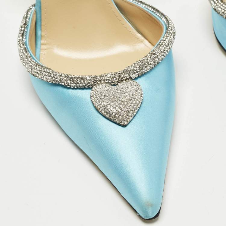 Pre Owned Mach & Mach Size 39 Blue Satin Crystal Heart Pumps
