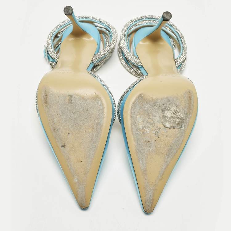 Pre Owned Mach & Mach Size 39 Blue Satin Crystal Heart Pumps