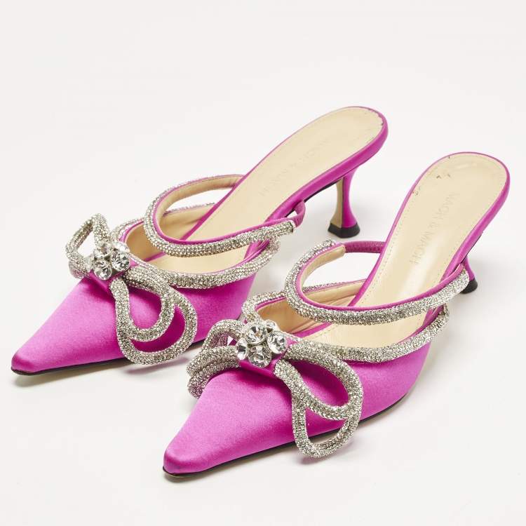 Pre Owned Mach & Mach Double Bow Size 36 Fuchsia Pink Satin Mules