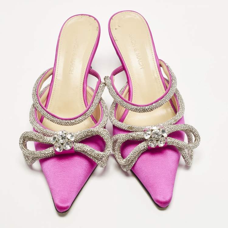 Pre Owned Mach & Mach Double Bow Size 36 Fuchsia Pink Satin Mules
