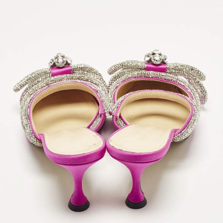 Pre Owned Mach & Mach Double Bow Size 36 Fuchsia Pink Satin Mules