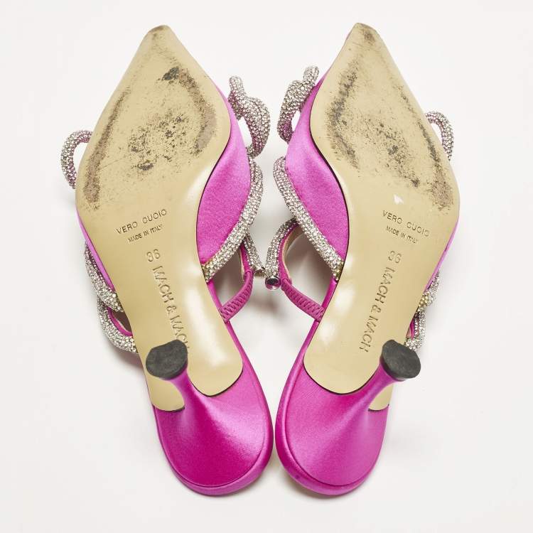 Pre Owned Mach & Mach Double Bow Size 36 Fuchsia Pink Satin Mules