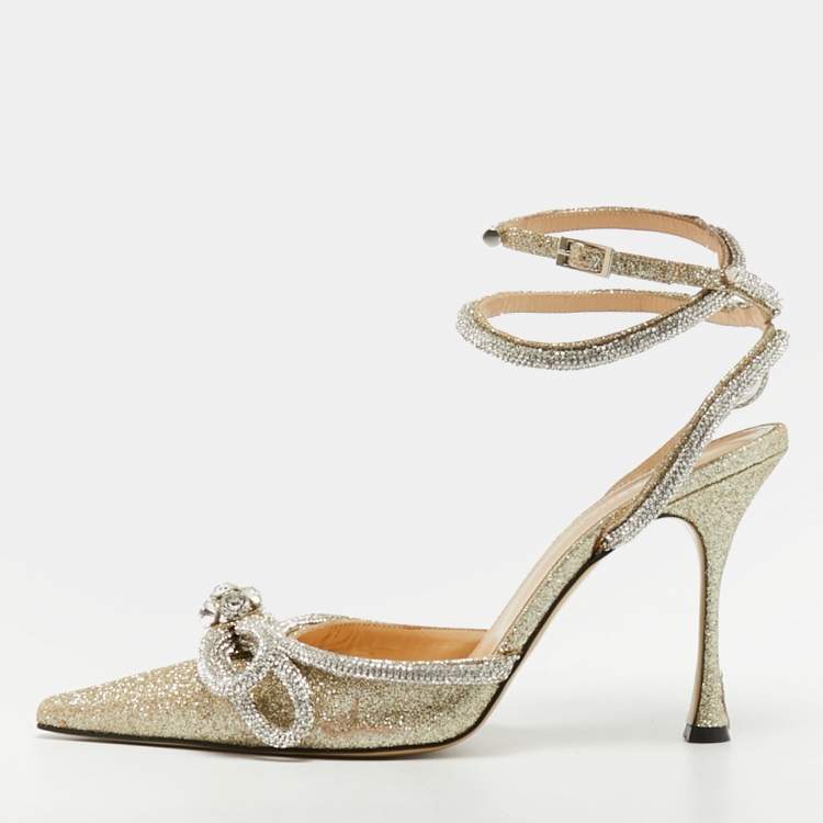 Pre Owned Mach & Mach Double Bow Size 41 Metallic Gold Glitter Crystal Embellished Ankle Strap Pumps