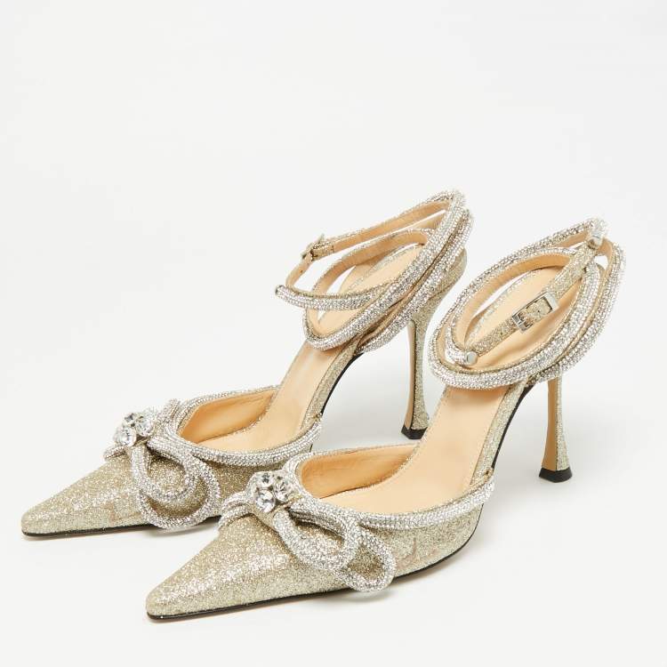 Pre Owned Mach & Mach Double Bow Size 41 Metallic Gold Glitter Crystal Embellished Ankle Strap Pumps