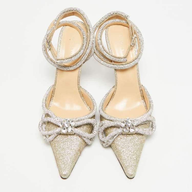 Pre Owned Mach & Mach Double Bow Size 41 Metallic Gold Glitter Crystal Embellished Ankle Strap Pumps