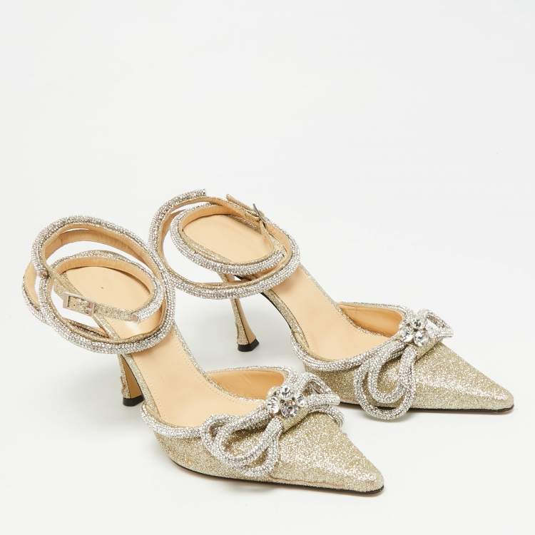 Pre Owned Mach & Mach Double Bow Size 41 Metallic Gold Glitter Crystal Embellished Ankle Strap Pumps