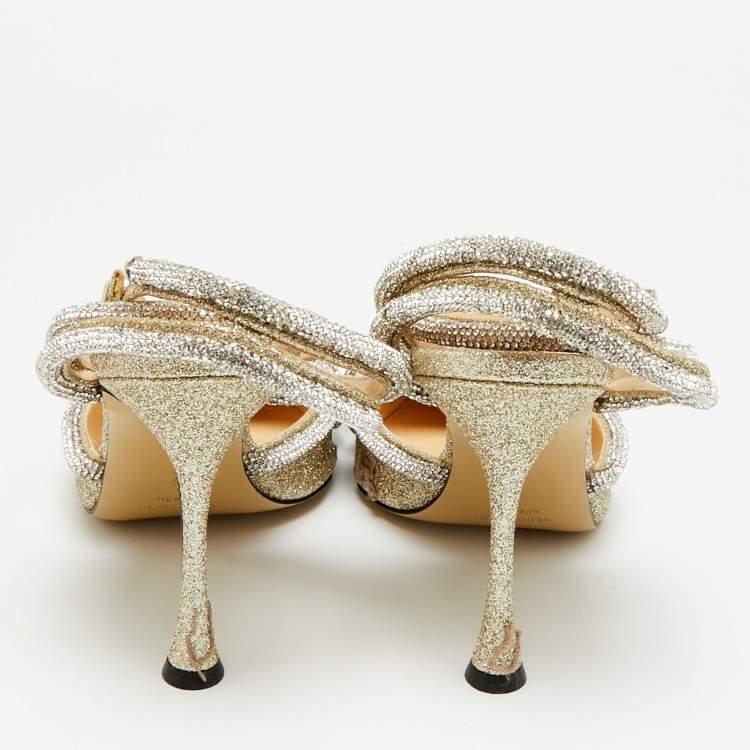 Pre Owned Mach & Mach Double Bow Size 41 Metallic Gold Glitter Crystal Embellished Ankle Strap Pumps