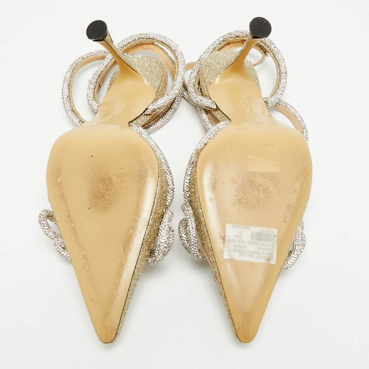 Pre Owned Mach & Mach Double Bow Size 41 Metallic Gold Glitter Crystal Embellished Ankle Strap Pumps