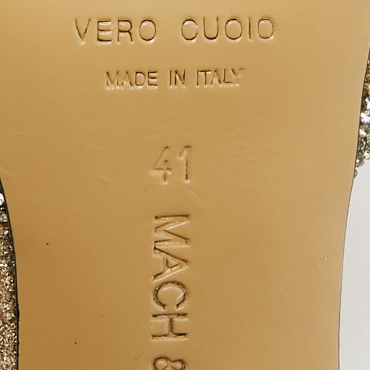 Pre Owned Mach & Mach Double Bow Size 41 Metallic Gold Glitter Crystal Embellished Ankle Strap Pumps