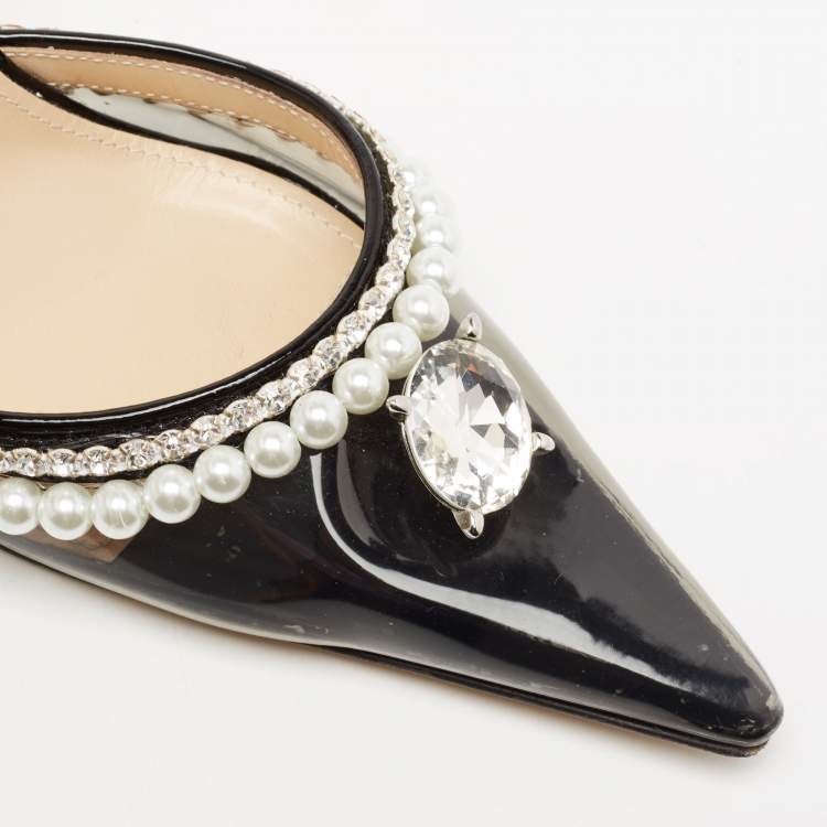 Pre Owned Mach & Mach Black PVC And Patent Leather Diamond of Elizabeth Imitation Pearl Sandals Size 39.5