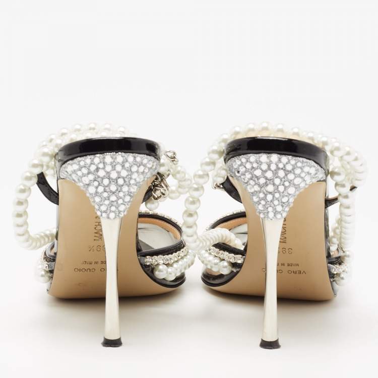 Pre Owned Mach & Mach Black PVC And Patent Leather Diamond of Elizabeth Imitation Pearl Sandals Size 39.5