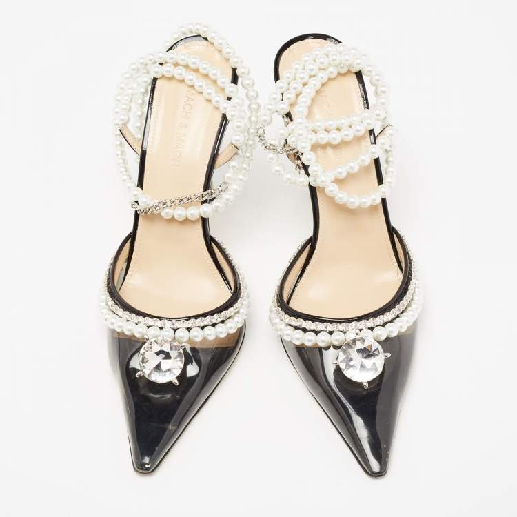 Pre Owned Mach & Mach Black PVC And Patent Leather Diamond of Elizabeth Imitation Pearl Sandals Size 39.5