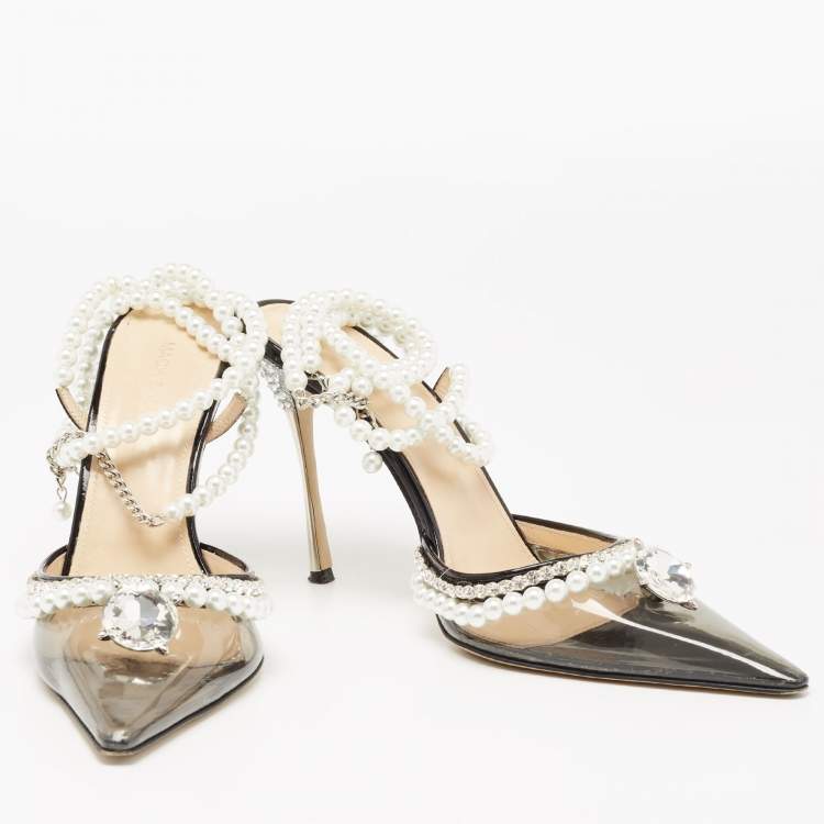 Pre Owned Mach & Mach Black PVC And Patent Leather Diamond of Elizabeth Imitation Pearl Sandals Size 39.5