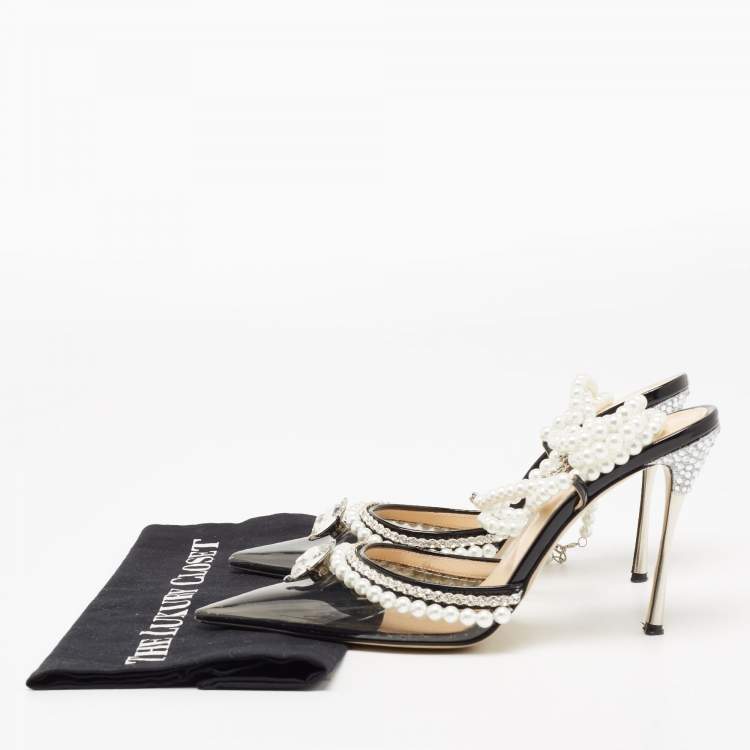 Pre Owned Mach & Mach Black PVC And Patent Leather Diamond of Elizabeth Imitation Pearl Sandals Size 39.5