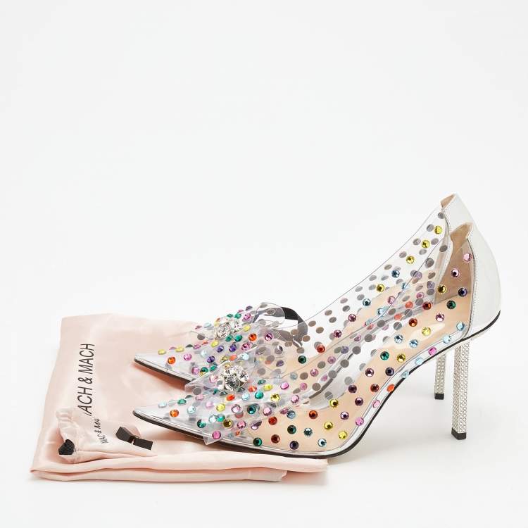 Pre Owned Mach & Mach Silver Leather and PVC Crystal Embellished Bow Pumps Size 40