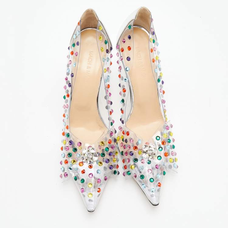 Pre Owned Mach & Mach Silver Leather and PVC Crystal Embellished Bow Pumps Size 40