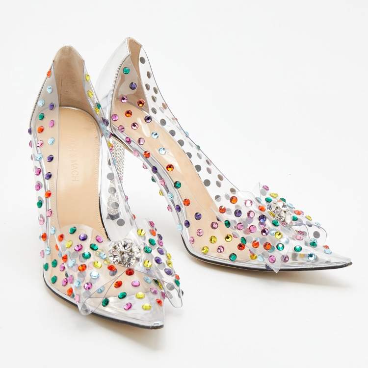 Pre Owned Mach & Mach Silver Leather and PVC Crystal Embellished Bow Pumps Size 40