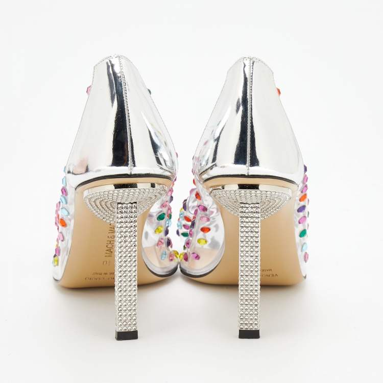 Pre Owned Mach & Mach Silver Leather and PVC Crystal Embellished Bow Pumps Size 40