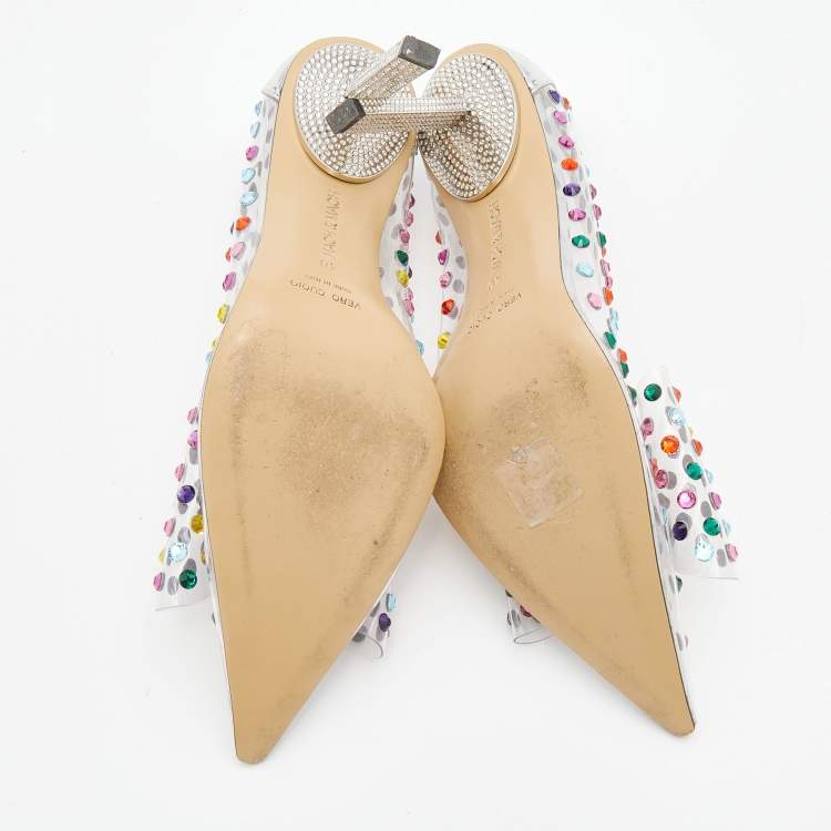 Pre Owned Mach & Mach Silver Leather and PVC Crystal Embellished Bow Pumps Size 40