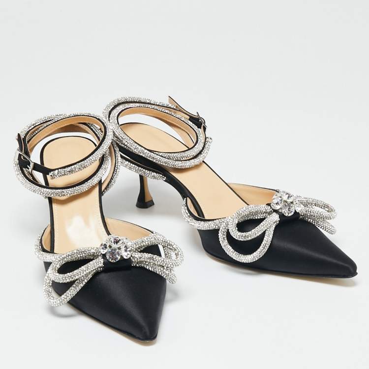 Pre Owned Mach & Mach Black Satin Double Bow Crystal Embellished Pumps Size 41.5 