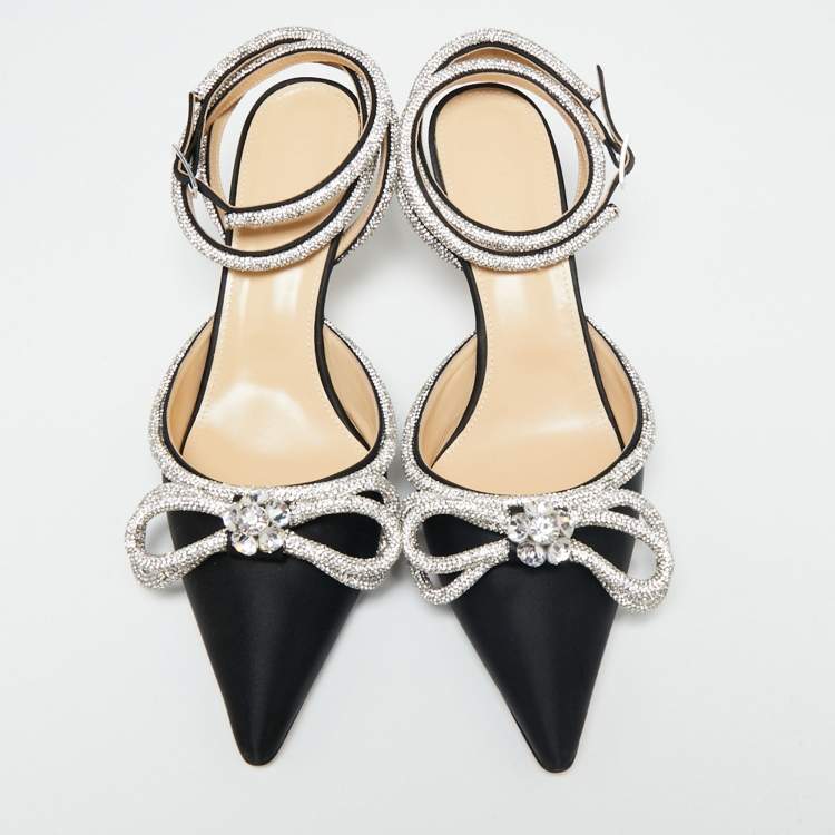 Pre Owned Mach & Mach Black Satin Double Bow Crystal Embellished Pumps Size 41.5 