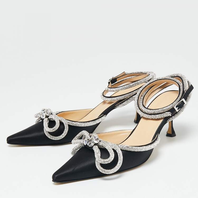 Pre Owned Mach & Mach Black Satin Double Bow Crystal Embellished Pumps Size 41.5 