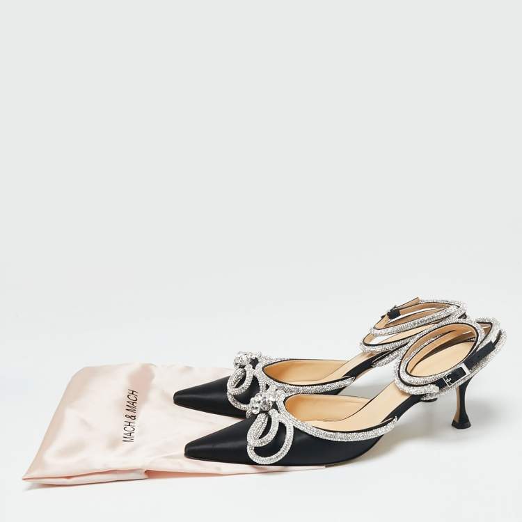 Pre Owned Mach & Mach Black Satin Double Bow Crystal Embellished Pumps Size 41.5 