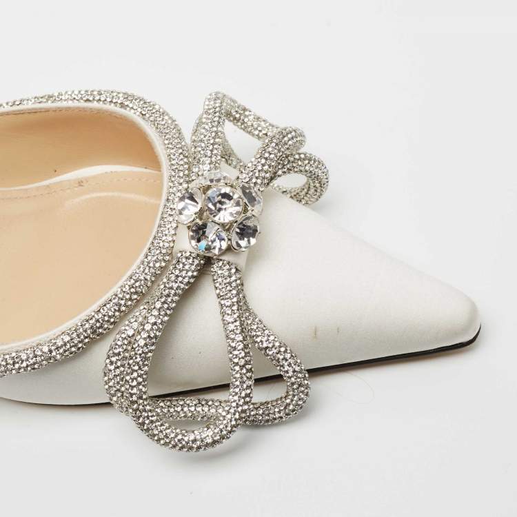 Pre Owned Mach & Mach White Satin Bow Embellished Pointed Toe Mule Sandals Size 39