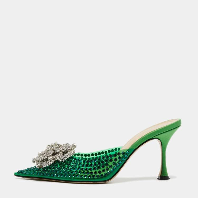Pre Owned Mach & Mach Green PVC and Satin Crystal Flower Pointed Toe Carrie Mules Size 37.5