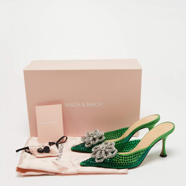 Pre Owned Mach & Mach Green PVC and Satin Crystal Flower Pointed Toe Carrie Mules Size 37.5