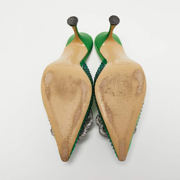 Pre Owned Mach & Mach Green PVC and Satin Crystal Flower Pointed Toe Carrie Mules Size 37.5
