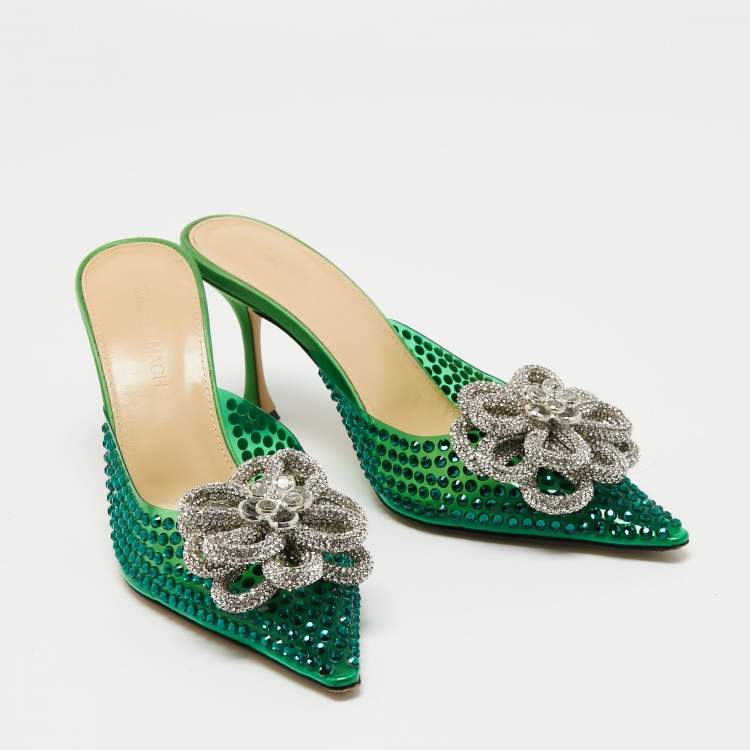 Pre Owned Mach & Mach Green PVC and Satin Crystal Flower Pointed Toe Carrie Mules Size 37.5
